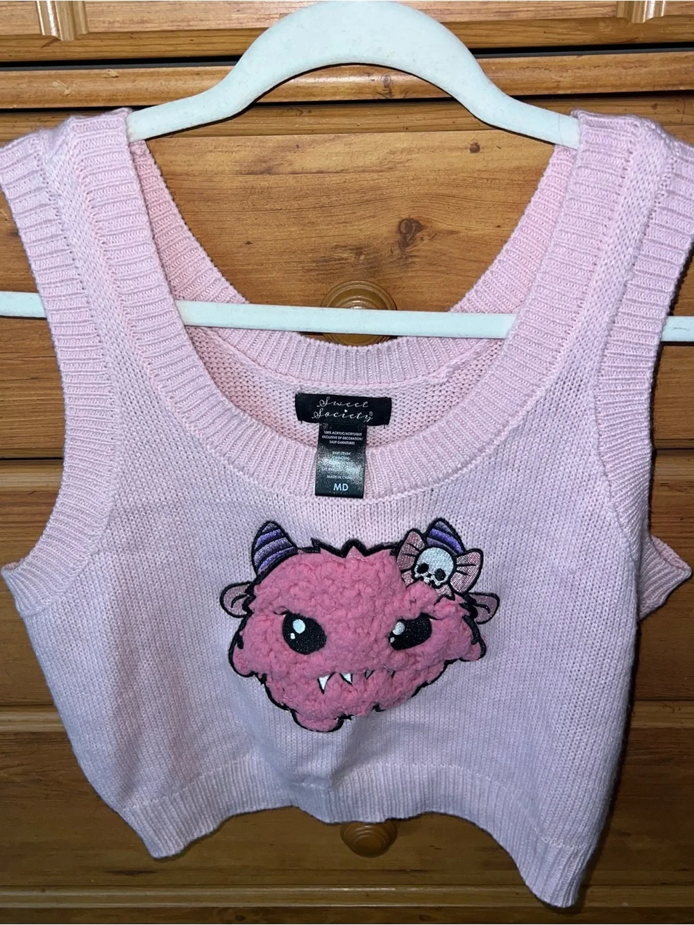Hot Topic Sweet Society pink monster sweater vest skull bow alternative goth med
